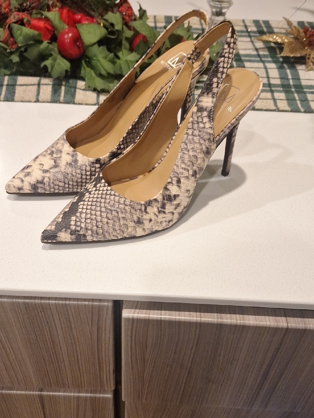 Snake-Print Slingback Pointed Toe Heels - Neutral
